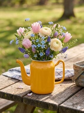 Charming Vintage Glossy Yellow Enamel Coffee Pot